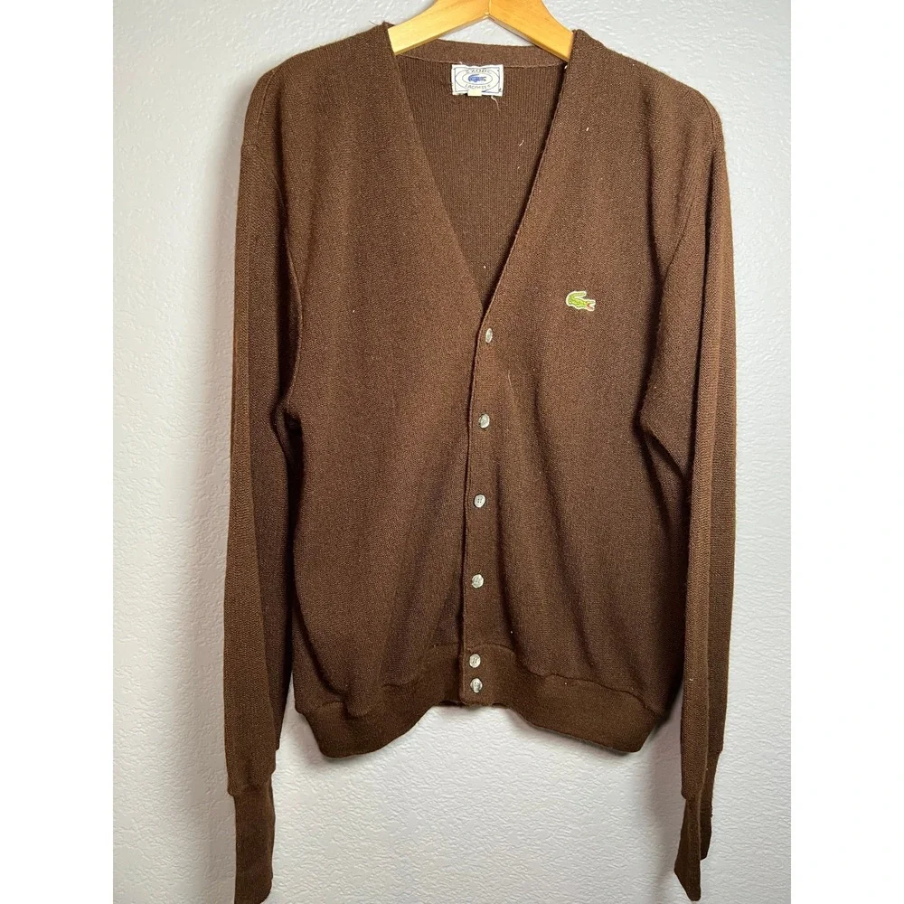 Vintage Izod Lacoste Cardigan Mens XL Brown Sweater Orlon Acrylic V-Neck 70's